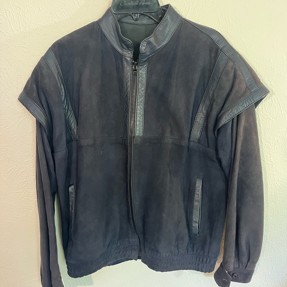 Vintage Handmade Navy Leather Jacket Removable Sleeves